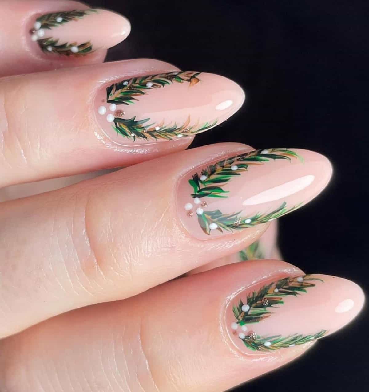 Detailed Hand-Painted Art Pale Pink Oval with Green Foliage Art Detailed Hand-Painted Art Pale Pink Oval with Green Foliage Art β New Years Almond Nails 2027