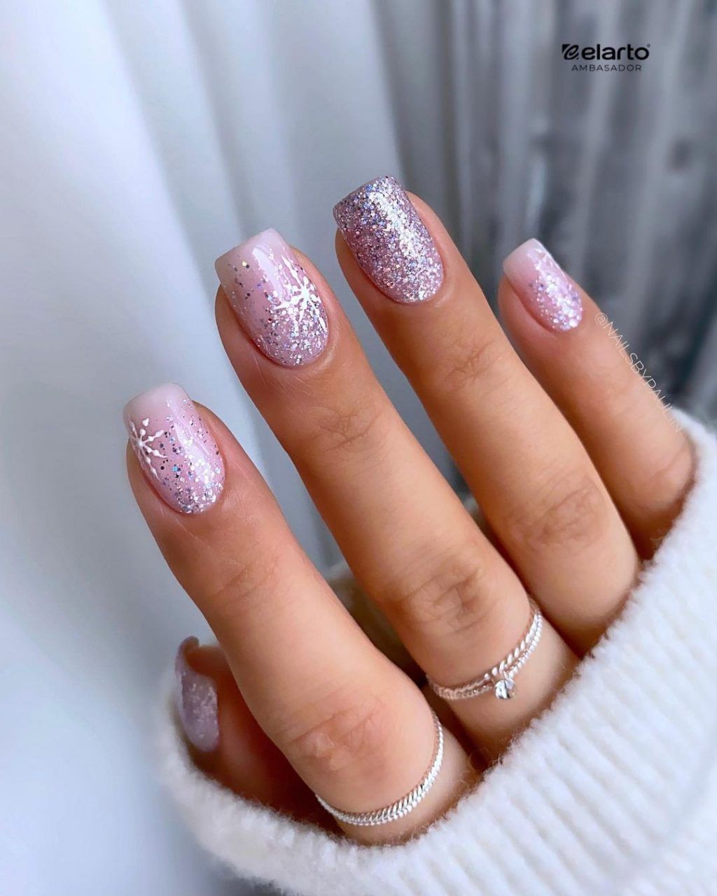 Short Square Pale Pink with Glitter Snowflakes Short Square Pale Pink with Glitter Snowflakes β Sparkly Winter Nails