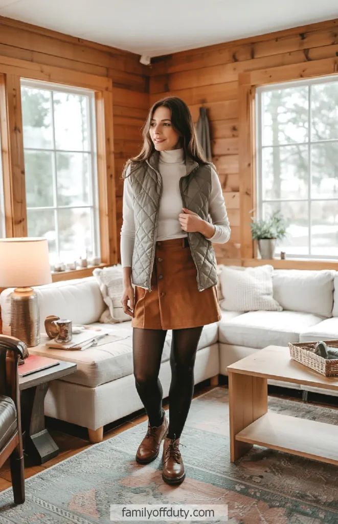 Quilted Vest and Suede Skirt for Cozy Cabin Style — Cabin Trip Outfits
