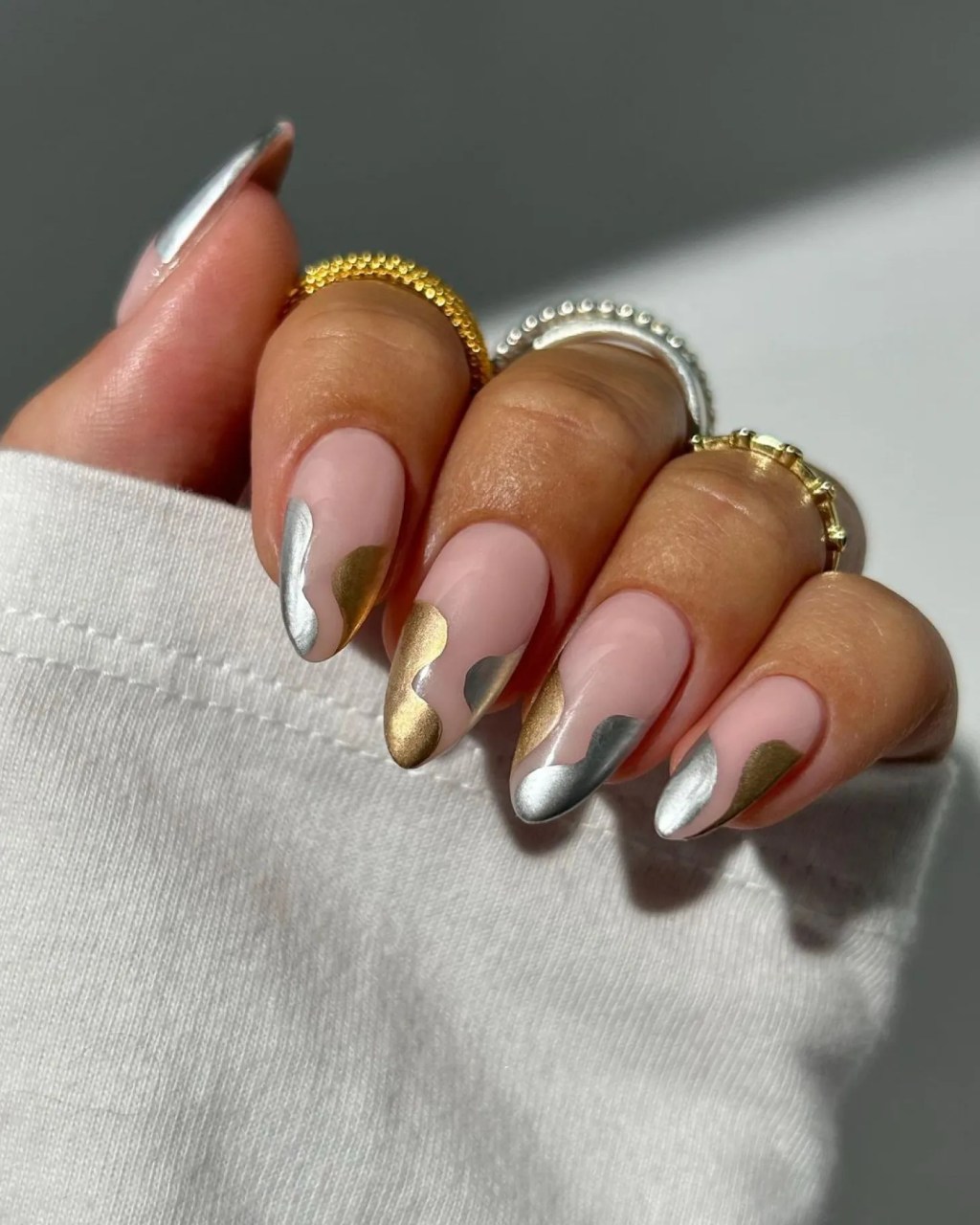 Pale Pink with Metallic Silver & Gold Abstract — Minimalist New Years Nails 2027