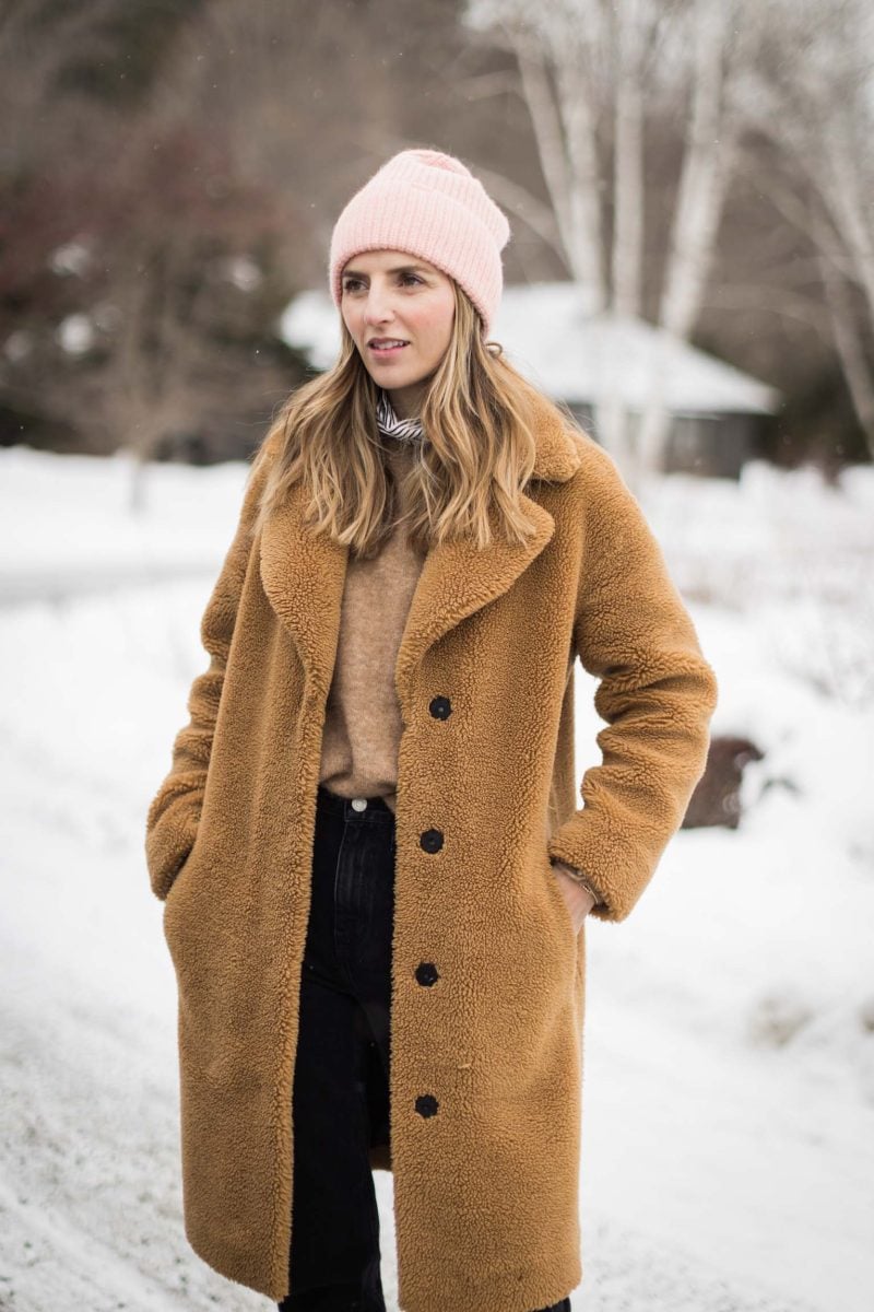 Casual Tan Teddy Fleece Coat with Pink Beanie — Cold Weather Outfits