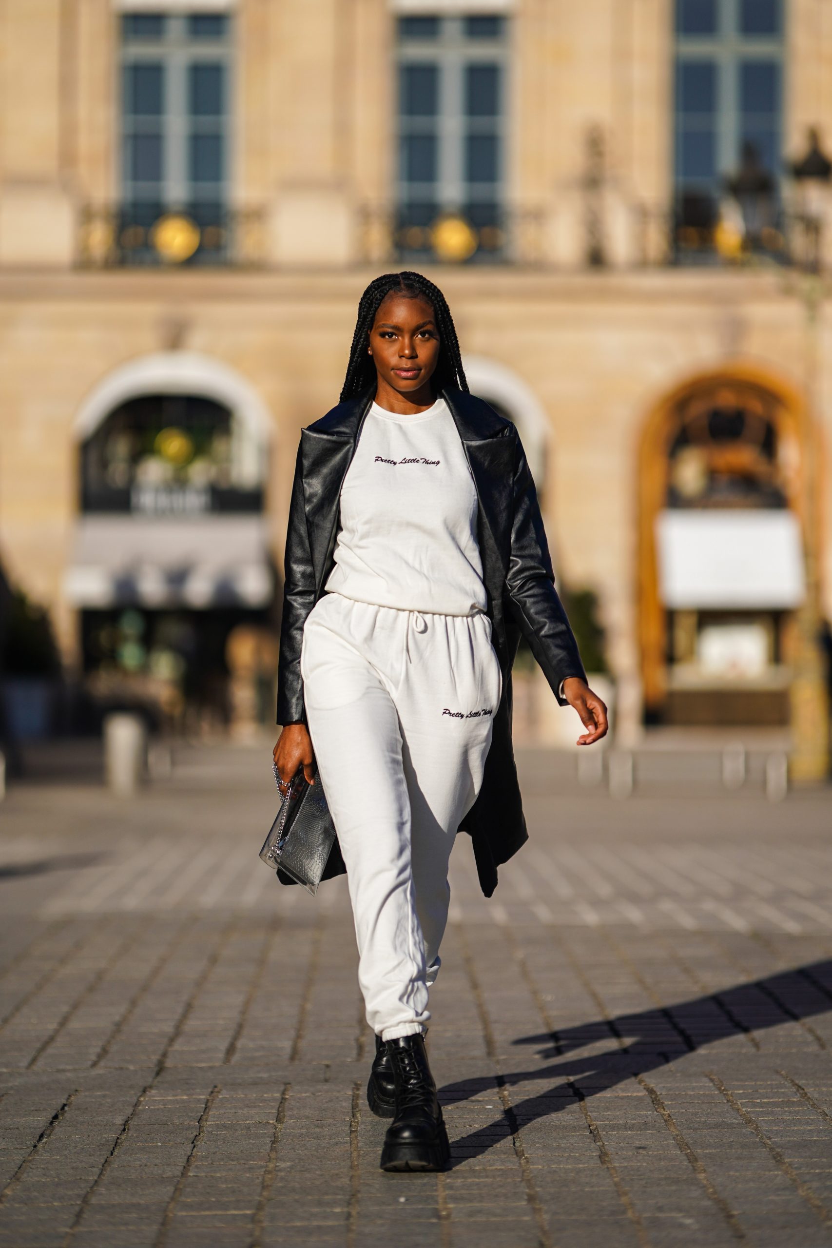 Leather Trench Coat Over a White Sweat Suit Leather Trench Coat Over a White Sweat Suit β Winter Athleisure Outfits