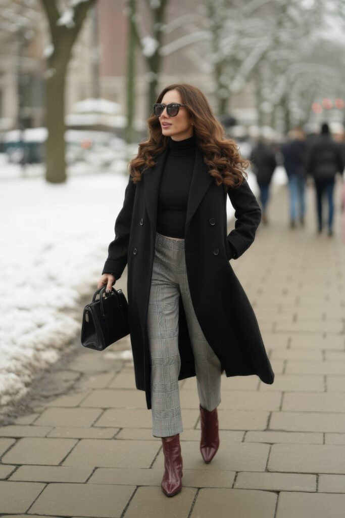 Chic City Style: Black Coat with Plaid Trousers and Burgundy Boots Chic City Style: Black Coat with Plaid Trousers and Burgundy Boots β Comfy Winter Outfits
