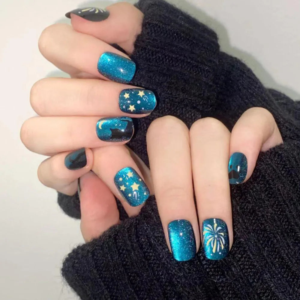 Teal Cat Eye with Winter Art — Winter Cat Eye Nails