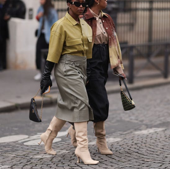 Olive Green Leather Midi Skirt with Matching Button-Down and Beige Boots — Leather Skirt Outfits