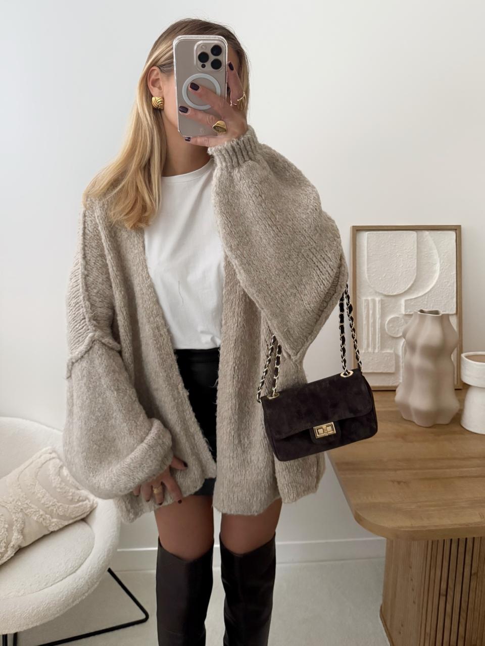 Oversized Beige Cardigan with Balloon Sleeves — Boho Winter Outfits