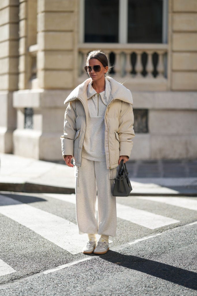 Cream Puffer Jacket With Oversized Collar And Wide-Leg Pants — Long Puffer Coat Outfits
