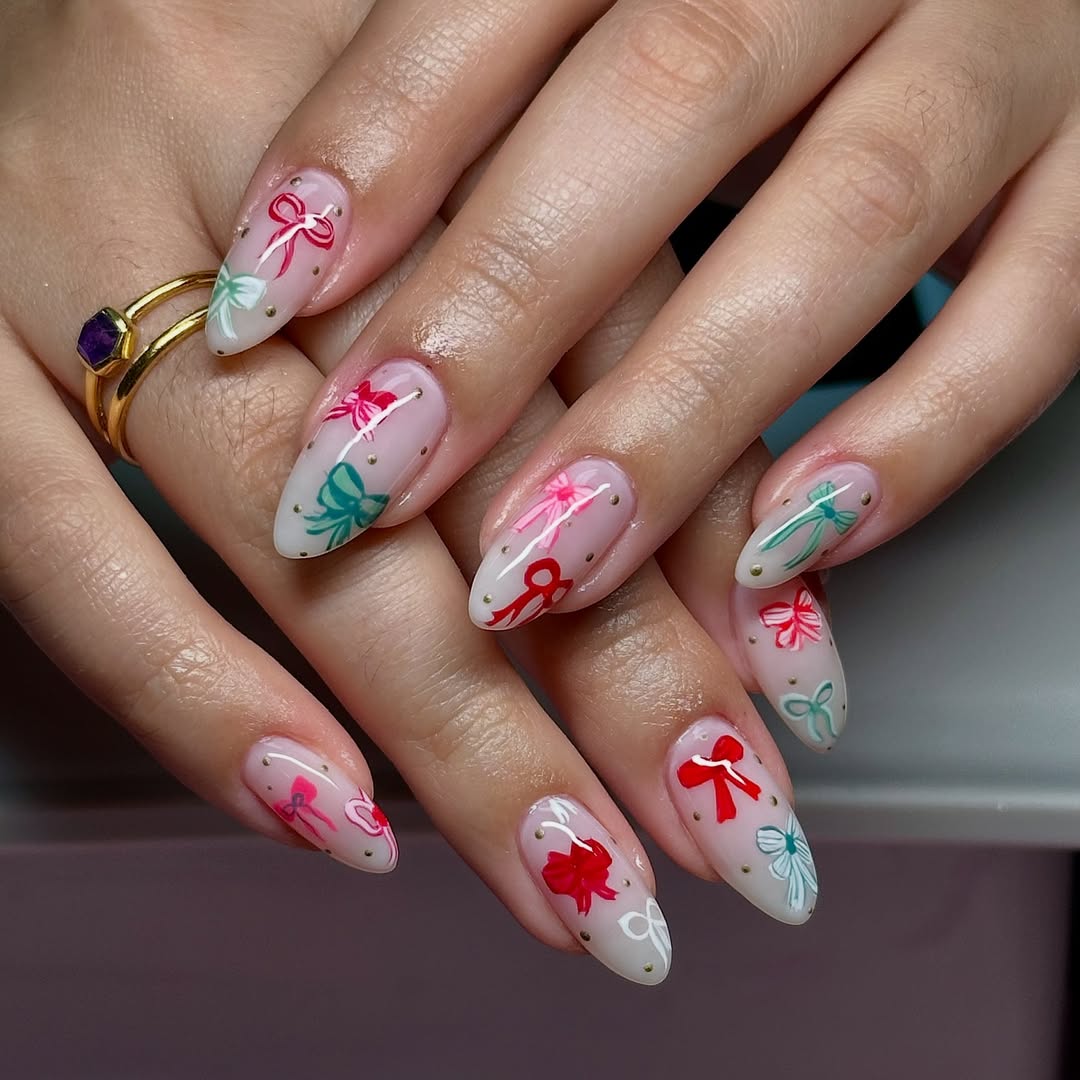 Long Almond Bow Glitter Nails Long Almond Bow Glitter Nails β Christmas Acrylic Nails 2026