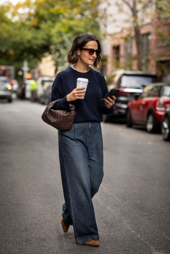 Chic Day Out: Dark Wash Wide Leg Jeans with Navy Knit — Winter Outfits with Wide Leg Jeans