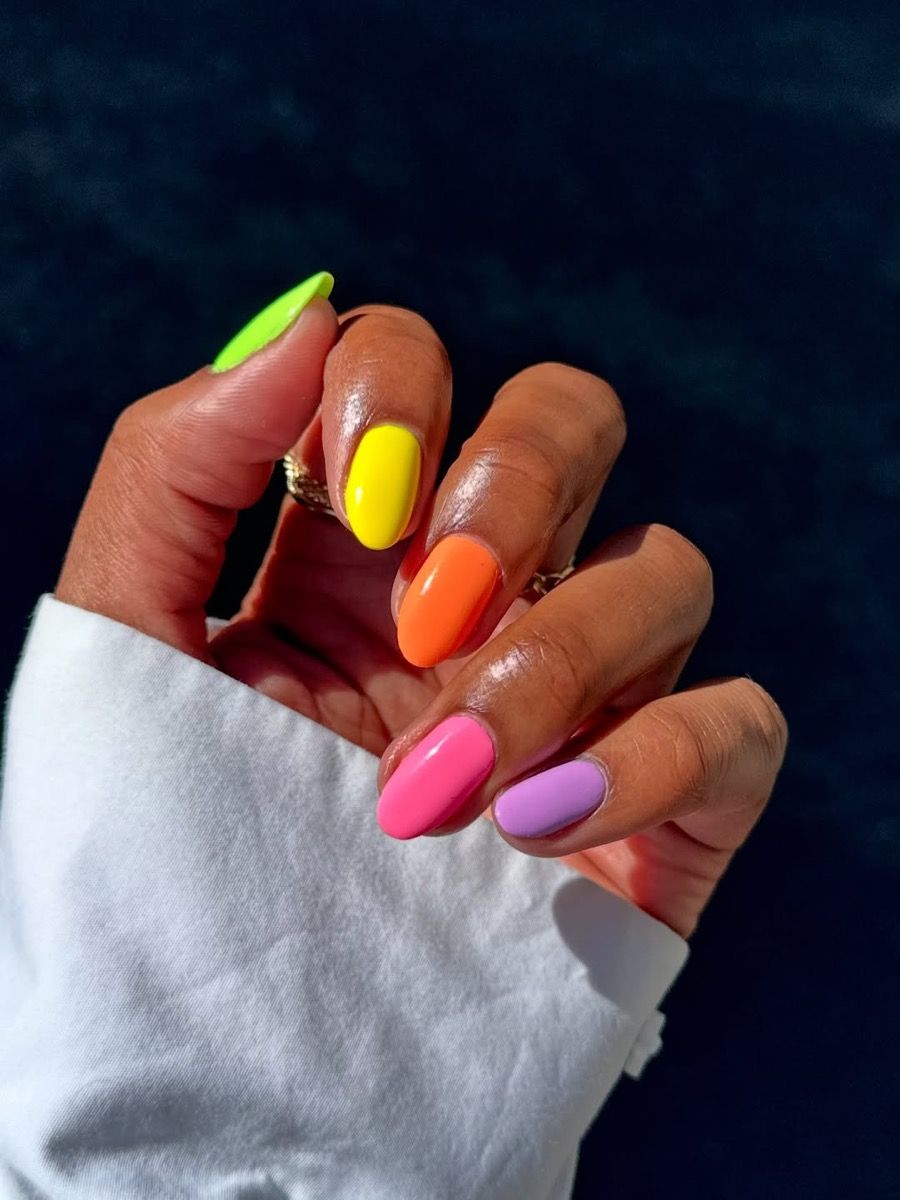 Neon & Bright Color Block Ovals — Holiday Nail Colors 2026