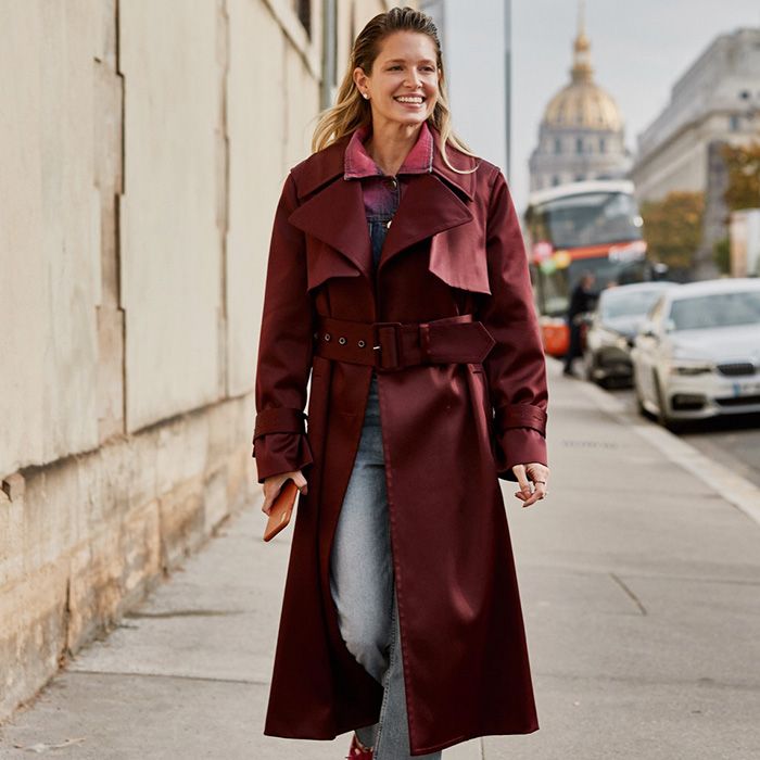 Burgundy Satin Trench Coat with Denim Layers — Car Coat Outfits