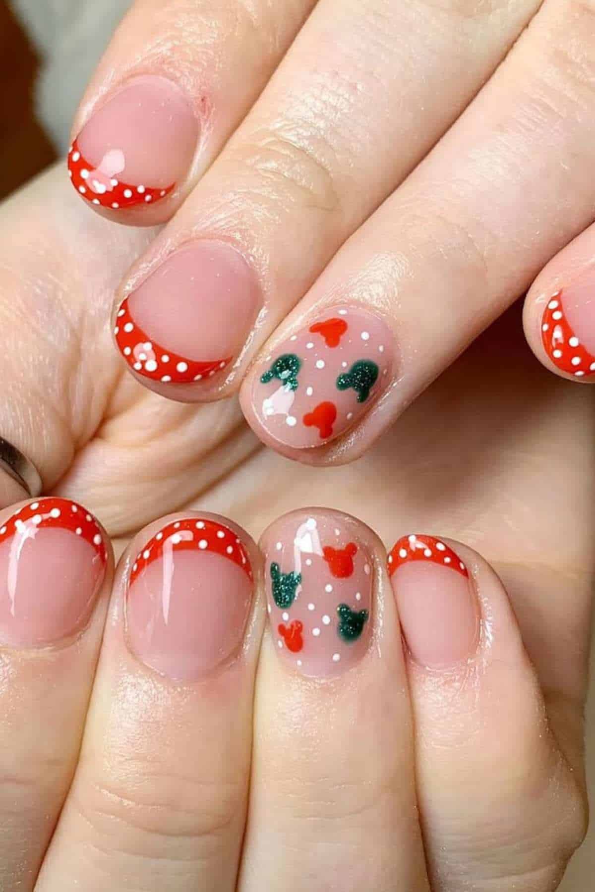 Sheer Pink Polka Dot French Nails Sheer Pink Polka Dot French Nails β Simple Short Christmas Nails 2026