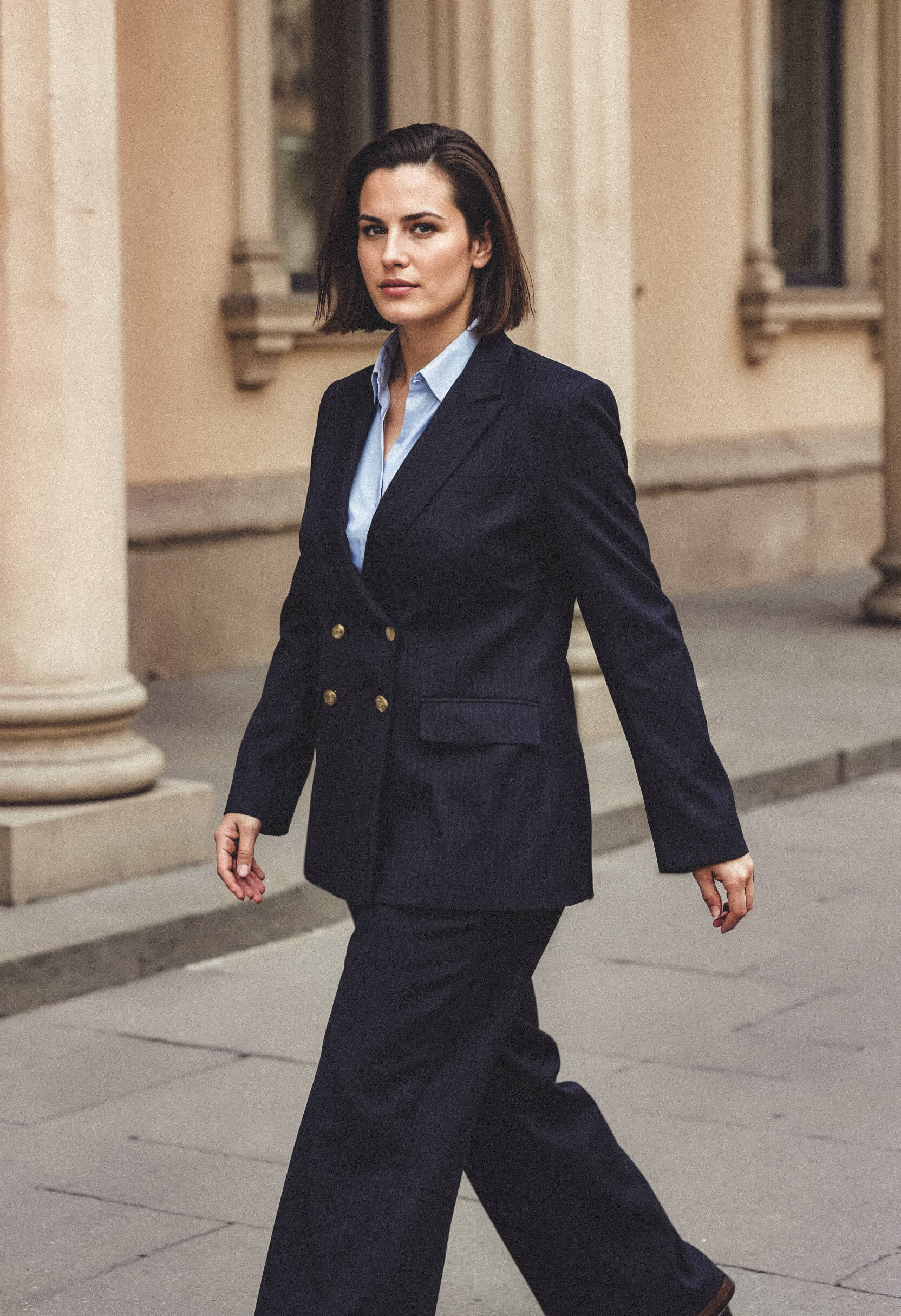 Navy Pinstripe Blazer with Light Blue Shirt and Wide-Leg Trousers Navy Pinstripe Blazer with Light Blue Shirt and Wide-Leg Trousers β Winter Work Outfits
