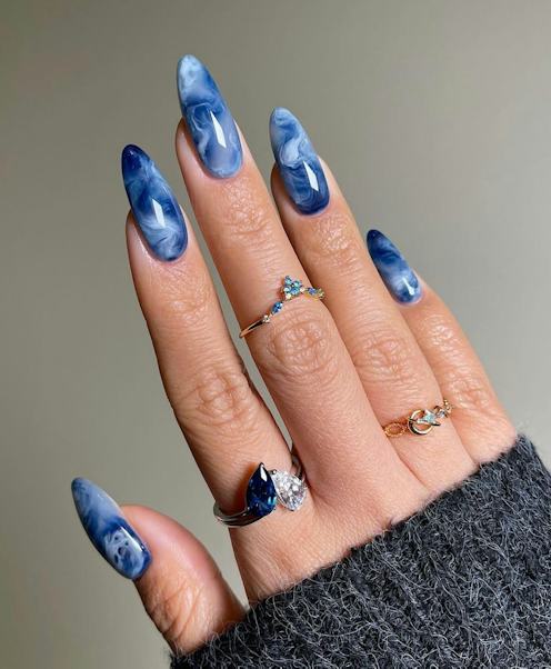 Vibrant Blue Marble on Long Stiletto Nails — Winter Marble Nails