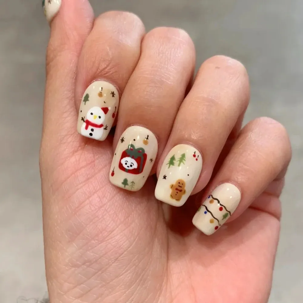 Beige Christmas Motif Coffin Nails Beige Christmas Motif Coffin Nails β Short Christmas Coffin Nails 2026