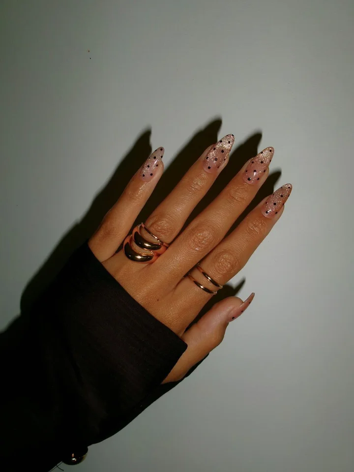 Sheer Nude with Scattered Black Dots Sheer Nude with Scattered Black Dots β Winter Nail Trends