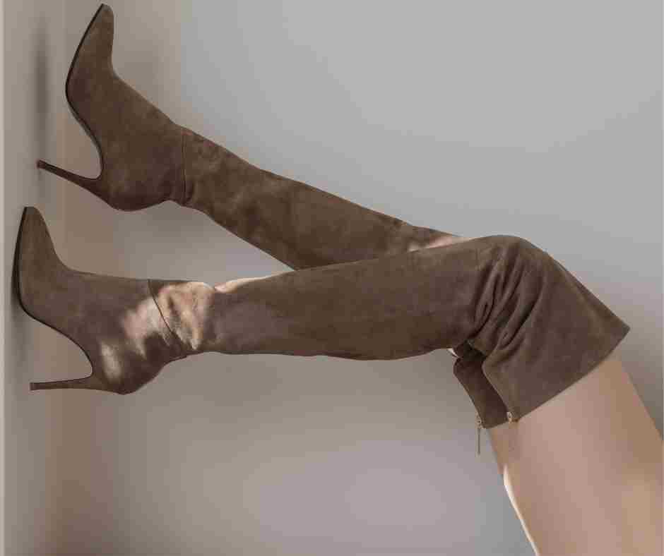 Sleek Taupe Suede Thigh-High Boots for a Fitted Silhouette — Winter Boots Outfits