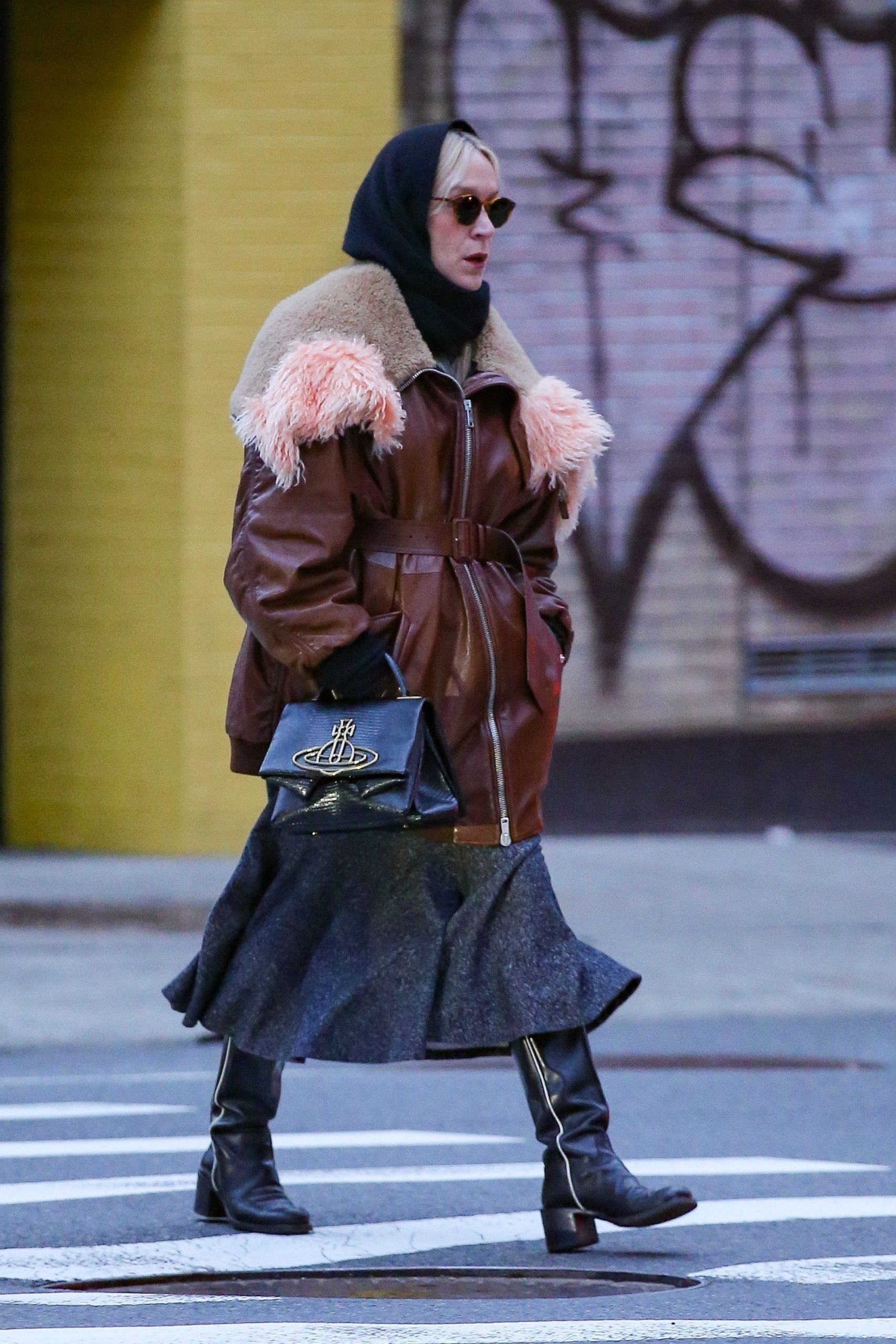 Aviator Jacket with Pink Fur Trim and Flared Skirt — NYC Winter Outfits