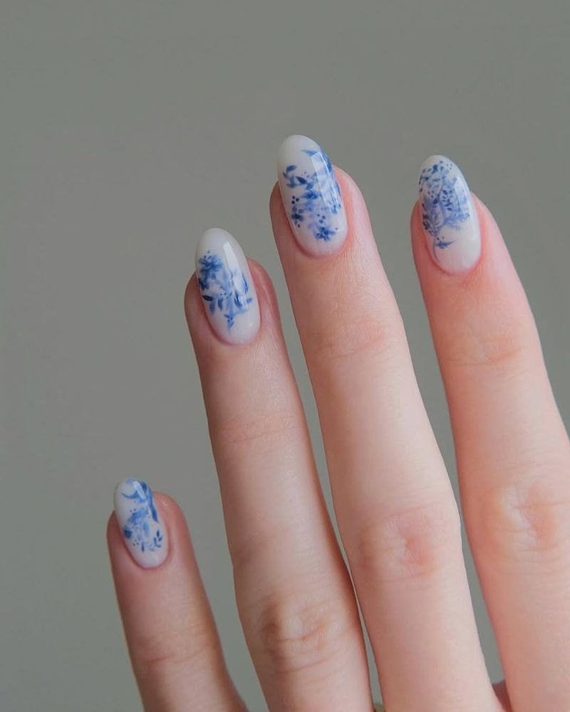 Sheer White Base Blue Floral Pattern Visual Idea — Winter to Spring Transition Nails