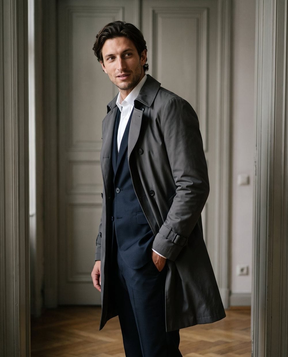 Grey Trench Coat Over Navy Suit Grey Trench Coat Over Navy Suit β Long Coat Outfits