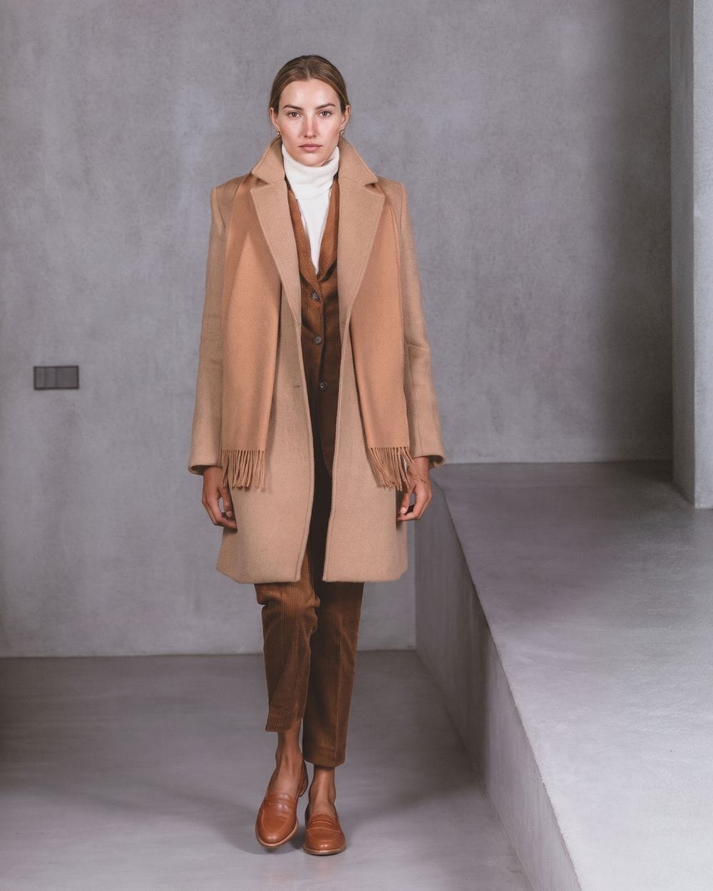 Camel Coat Layered Over a Corduroy Suit — Brown Coat Outfits