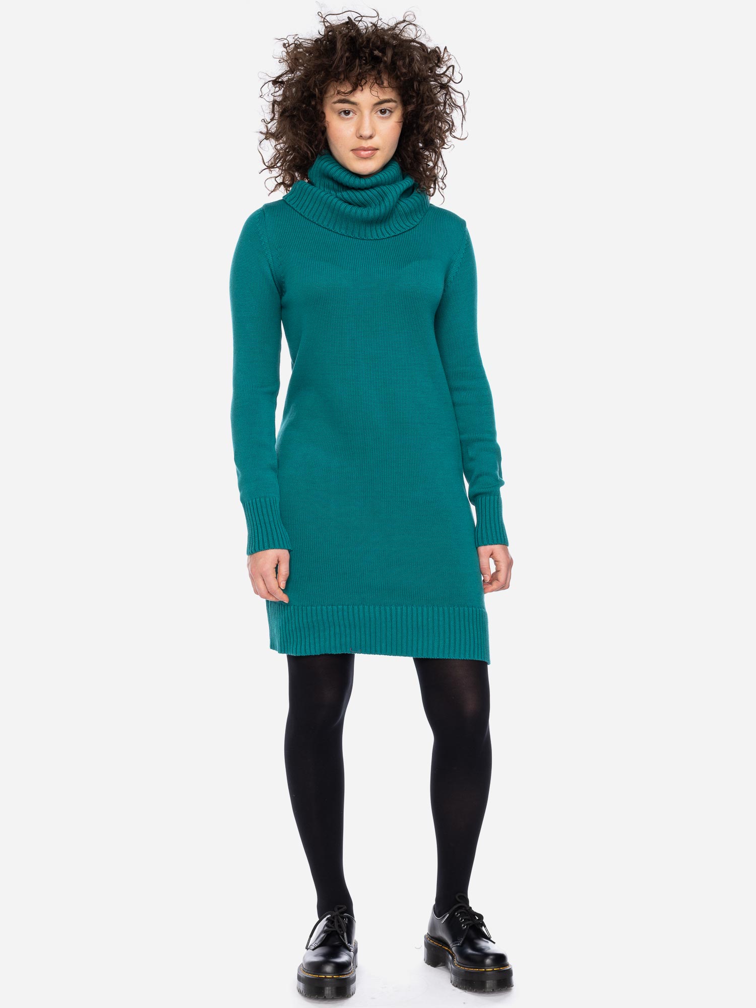 Teal Turtleneck Knit Dress with Oversized Collar and Loafers Teal Turtleneck Knit Dress with Oversized Collar and Loafers β Winter Dress Outfits
