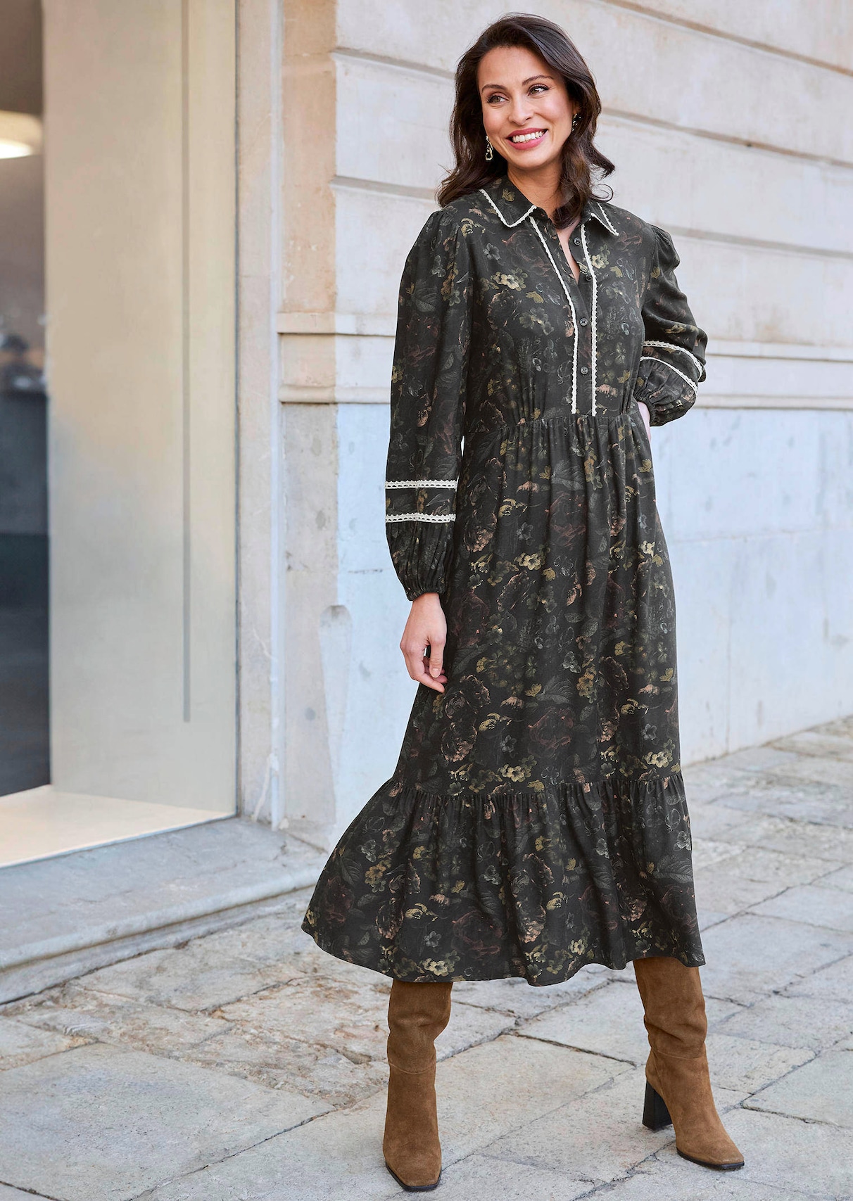 Dark Green Printed Dress with Tiered Skirt and Boots — Sweater Dress Outfits