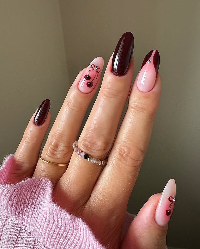 Deep Red Sheer Pink White Sheer Pink French with Cherry Decals — Cherry Red Nails
