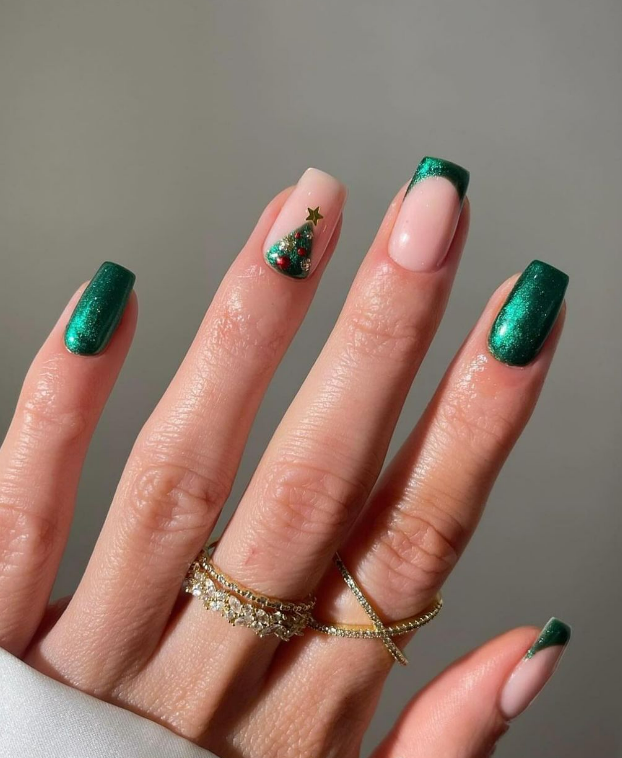Deep Green & Nude French Christmas Tree — Christmas Nail Designs 2026