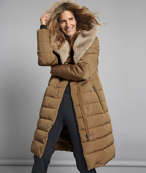 Casual Longline Camel Puffer Coat with Fur-Trimmed Hood — Winter Coats for Women