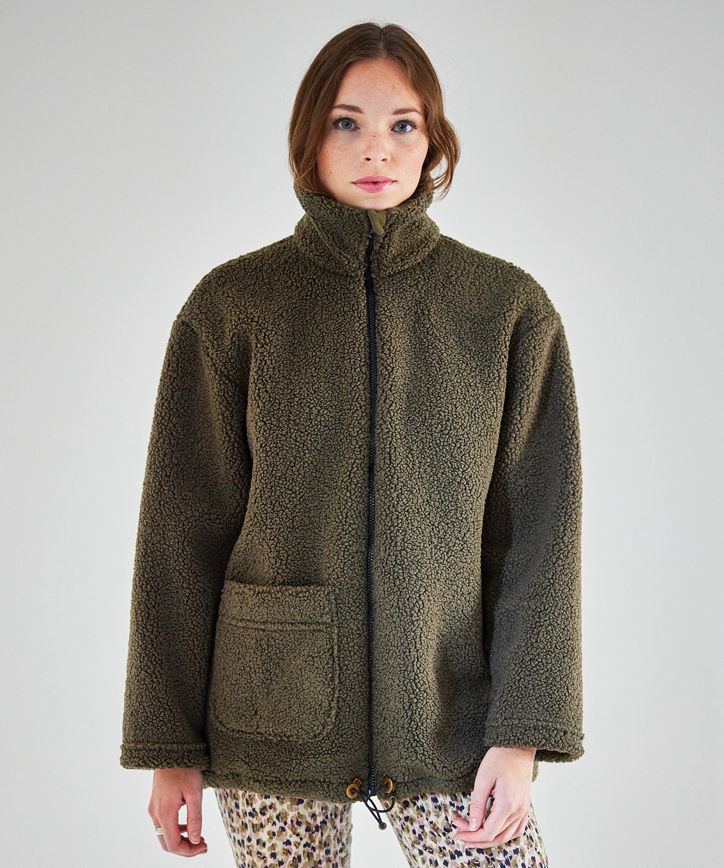 Olive Green Textured Fleece with Patterned Trousers — Fleece Jacket Outfits