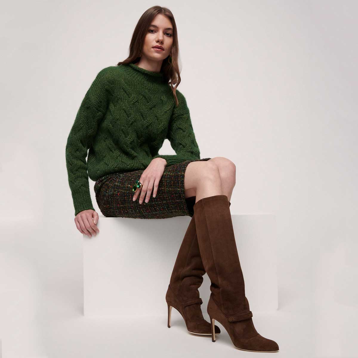 Cozy Tweed and Knit Outfit with Brown Suede Knee-High Boots — Winter Boots Outfits