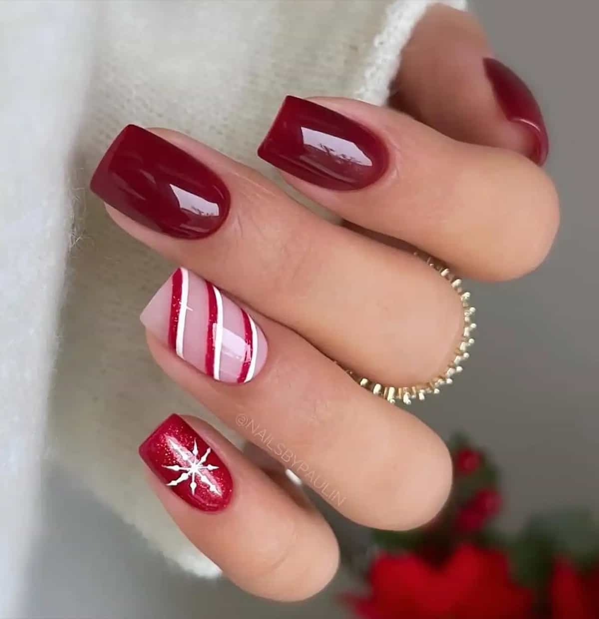 Deep Red with White Stripe and Snowflake Accent Nails Deep Red with White Stripe and Snowflake Accent Nails β Winter Work Nails