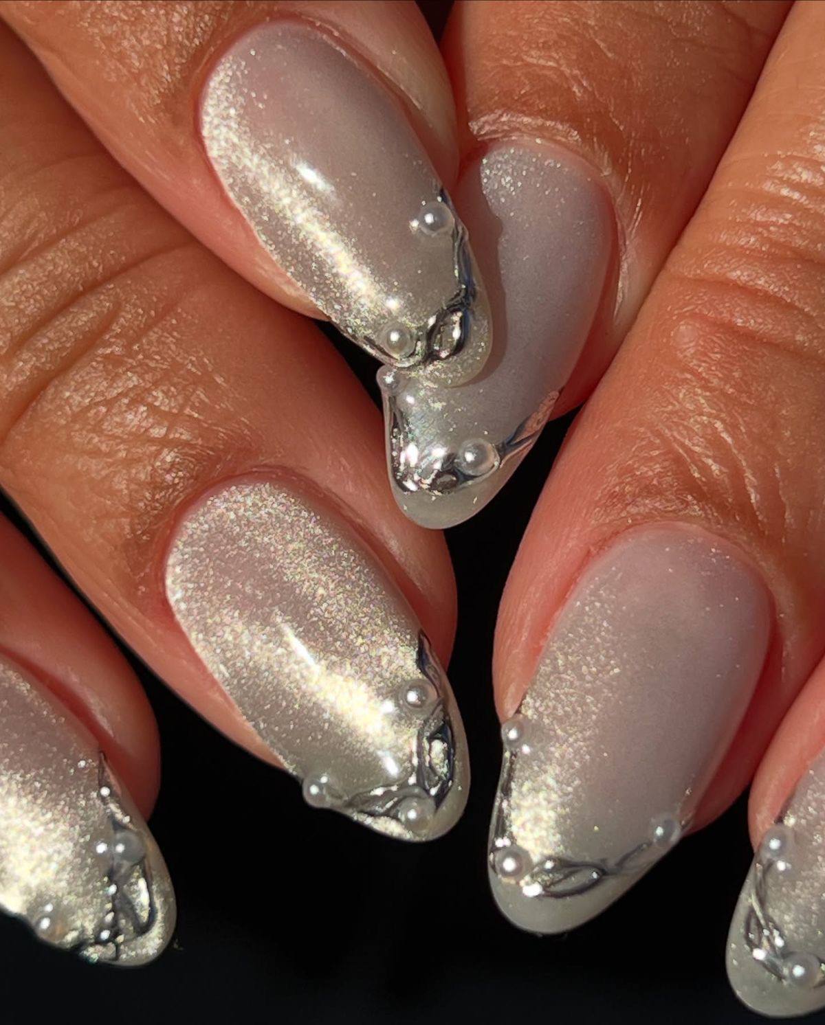 Neutral Cat-Eye with Pearl and Silver Accents Neutral Cat-Eye with Pearl and Silver Accents β New Years Nail Designs 2027