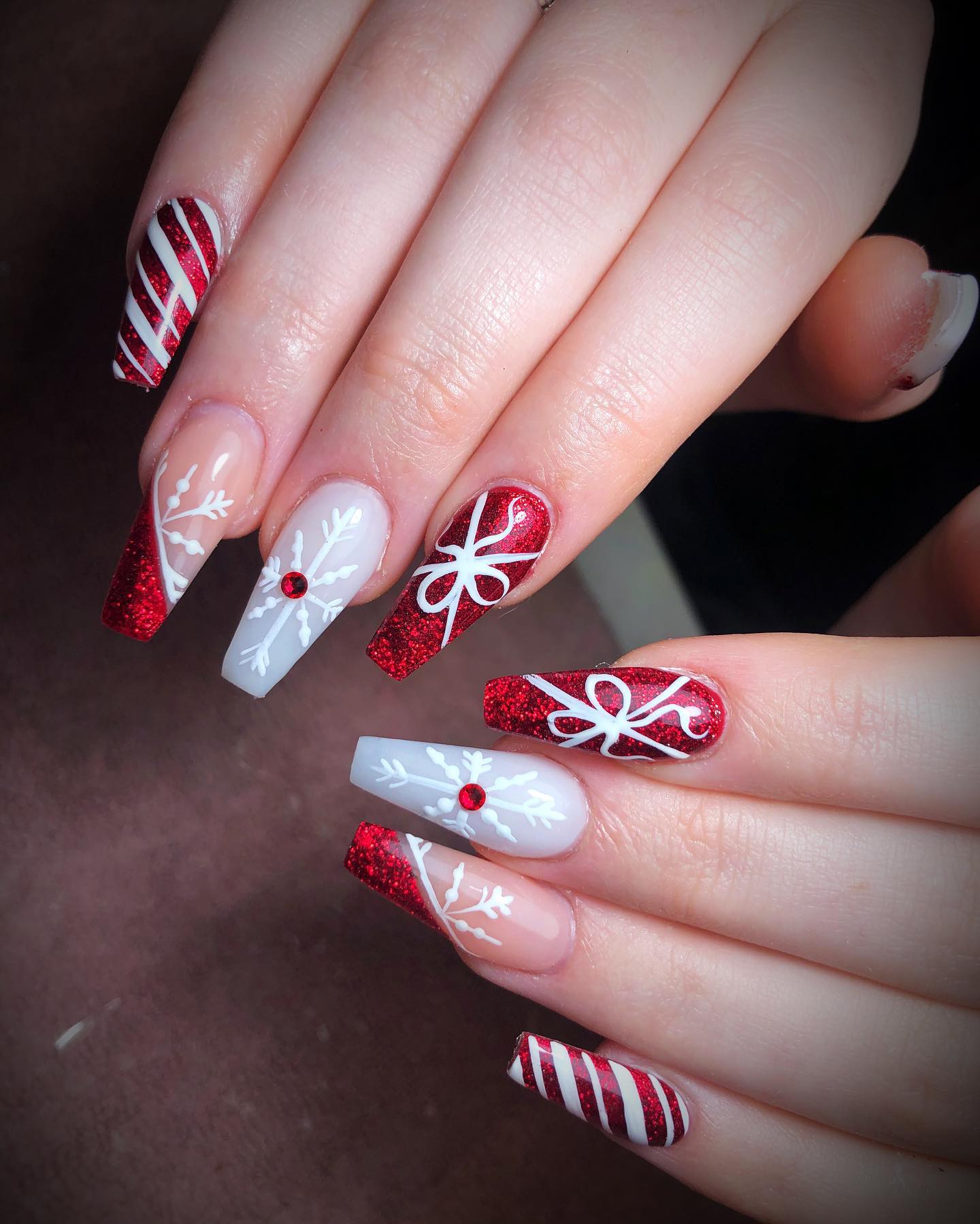 Matte White Glitter Red Stripe Coffin Nails Matte White Glitter Red Stripe Coffin Nails β Short Christmas Coffin Nails 2026