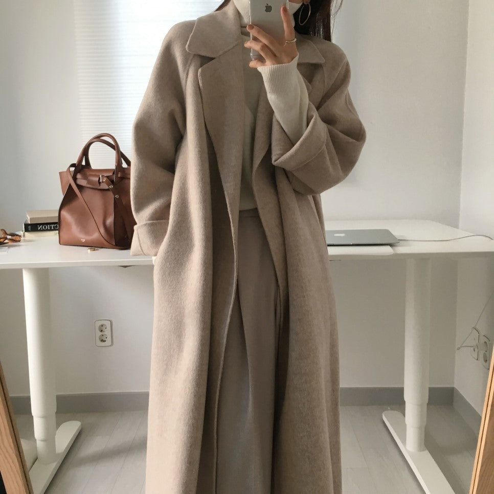 Long Beige Coat with Cream Trousers — Minimalist Winter Outfits