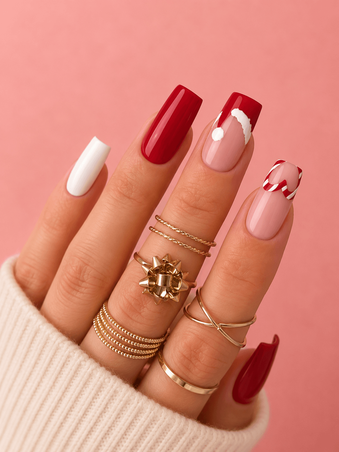 Long Square Christmas Candy Cane and Bows Long Square Christmas Candy Cane and Bows β Burgundy Christmas Nails 2026