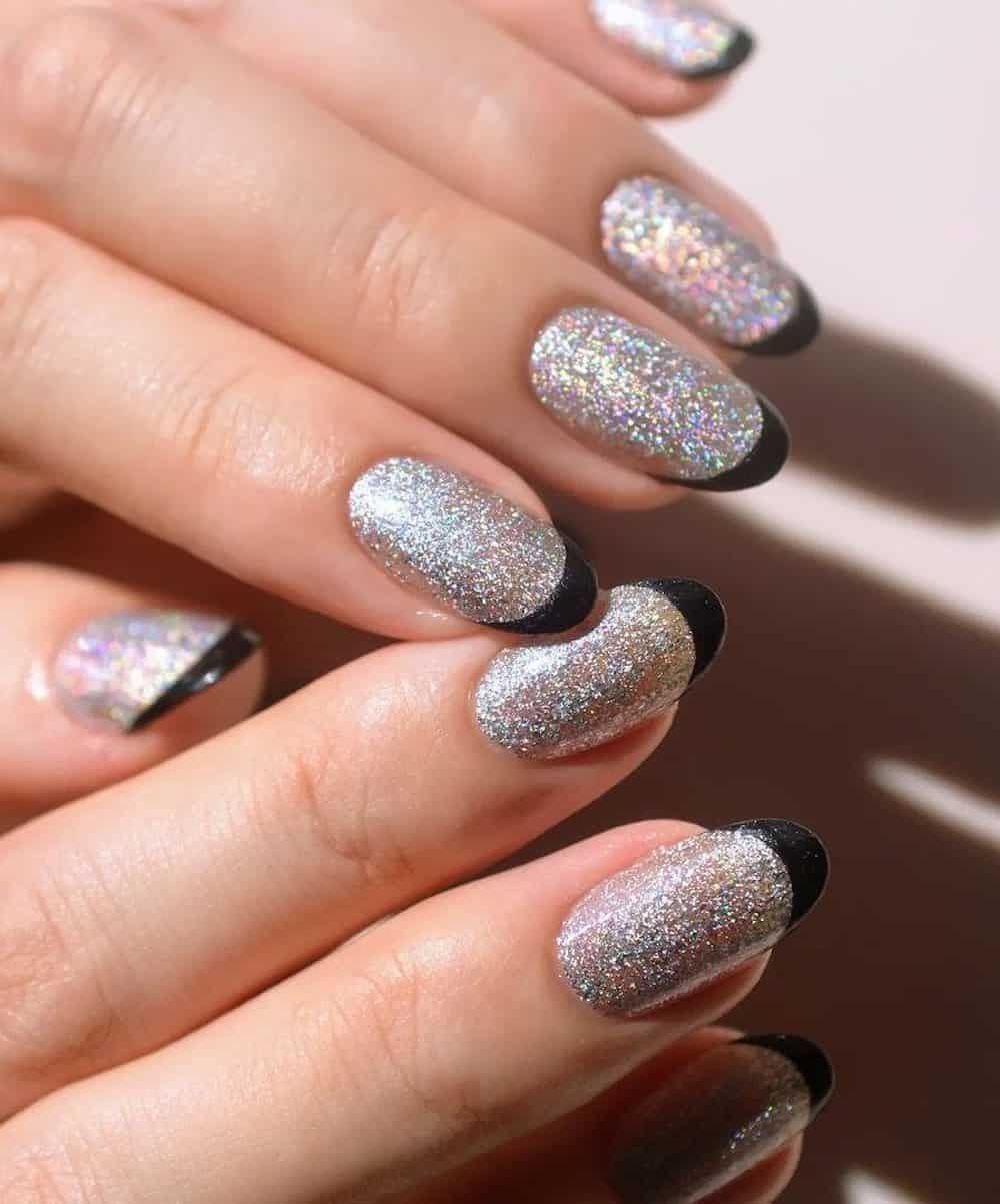 Silver Glitter Black French Tip Oval Nails Silver Glitter Black French Tip Oval Nails β NYE Nails 2027