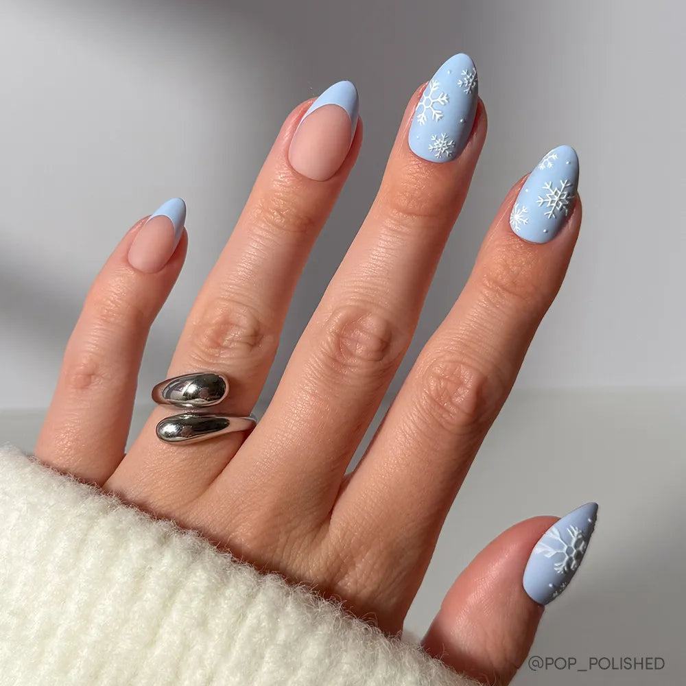 Medium Stiletto Matte Light Blue Snowflakes — Winter Nail Designs