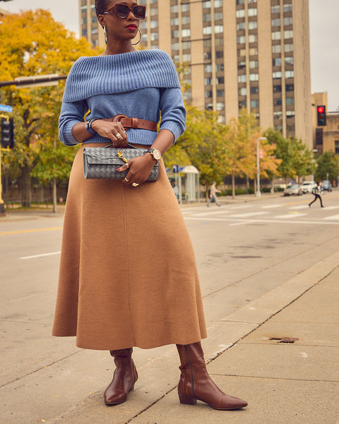 Off-the-Shoulder Knit with Midi Skirt for Western Flair — Western Winter Outfits