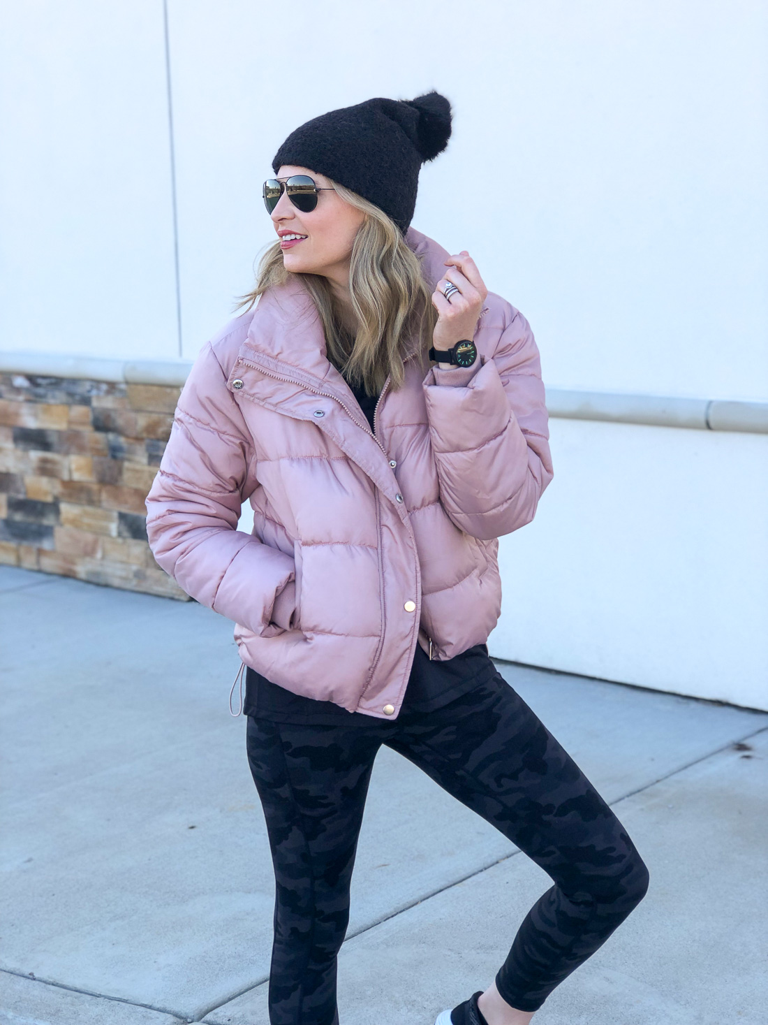 Light Pink Puffer Jacket with Camouflage Leggings Light Pink Puffer Jacket with Camouflage Leggings β Winter Athleisure Outfits