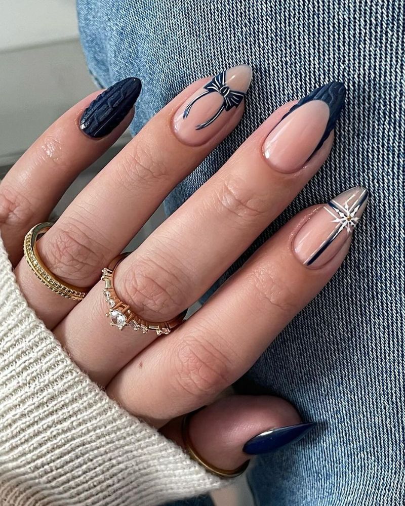 Nude French Tip Cable Knit Bow Nude French Tip Cable Knit Bow β Winter Nail Art Simple