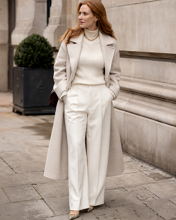 Cream Wool Coat with Matching Turtleneck and Trousers Cream Wool Coat with Matching Turtleneck and Trousers β Winter to Spring Transition Outfits