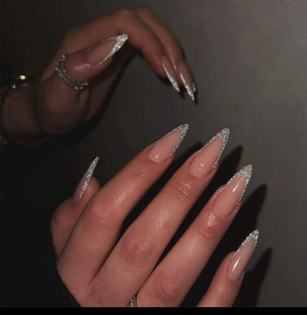 Sheer Nude Base Silver Glitter Visual Idea Sheer Nude Base Silver Glitter Visual Idea β Winter Party Nails