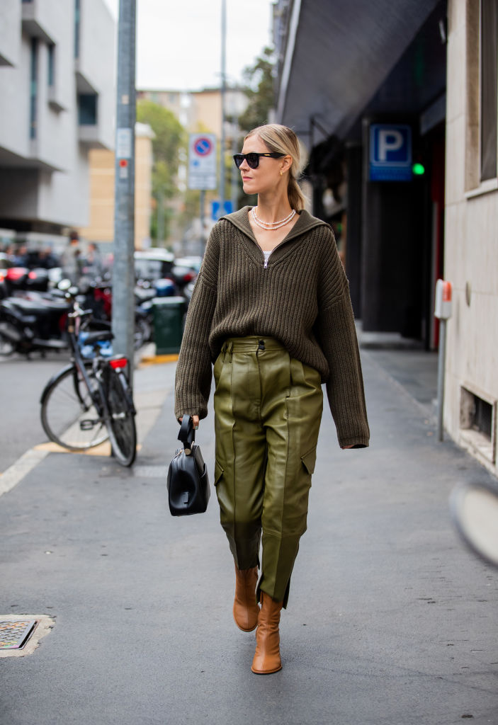 Olive Green Faux Leather Cargo Pants for Textured Winter Style — February Outfits