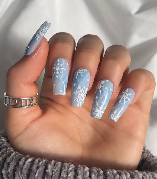 Light Blue Snowflake Coffin Nails Light Blue Snowflake Coffin Nails β Winter Nail Colors for Women Over 40