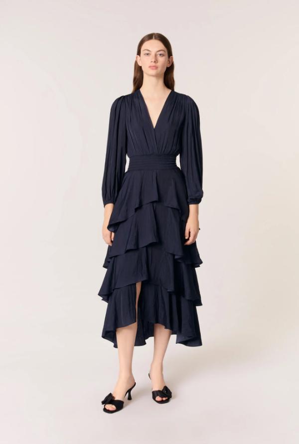 Navy Crepe Dress with Tiered Ruffled Skirt — Winter Wedding Guest Outfits