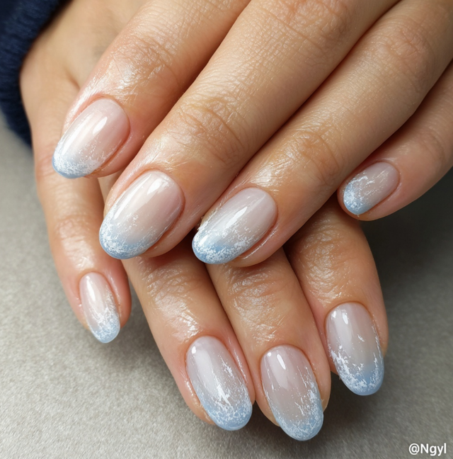 Frosted Icy Blue Gradient Oval Nails — Winter Date Night Nails