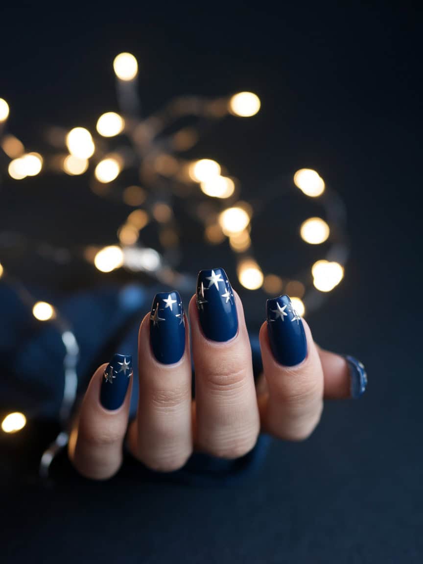 Deep Navy with Silver Star Decals — New Years Gel Nails 2027
