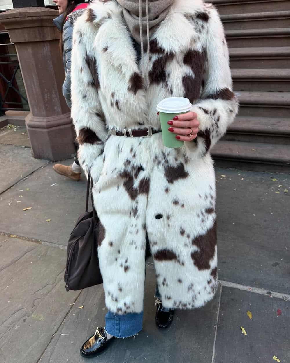 Playful Cow-Print Faux Fur with Hoodie — NYC Winter Outfits